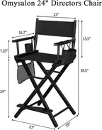 OmySalon 26" H Tall Directors Chair, Wooden Portable Folding Makeup Chair w/Storage Pouch & Footrest, Professional for Salon/Events/Mobile Services, 250lb Capacity, Black Canvas