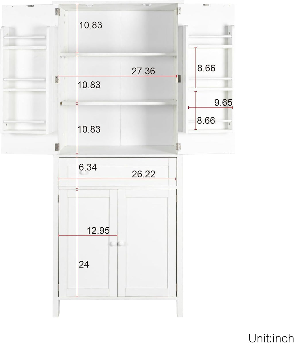 70.87" Tall Kitchen Pantry, Storage Cabinet, Kitchen Cabinet, Drawer and Adjustable Shelves, for Kitchen, Dining Room, White,15.75 * 29.53 * 70.87