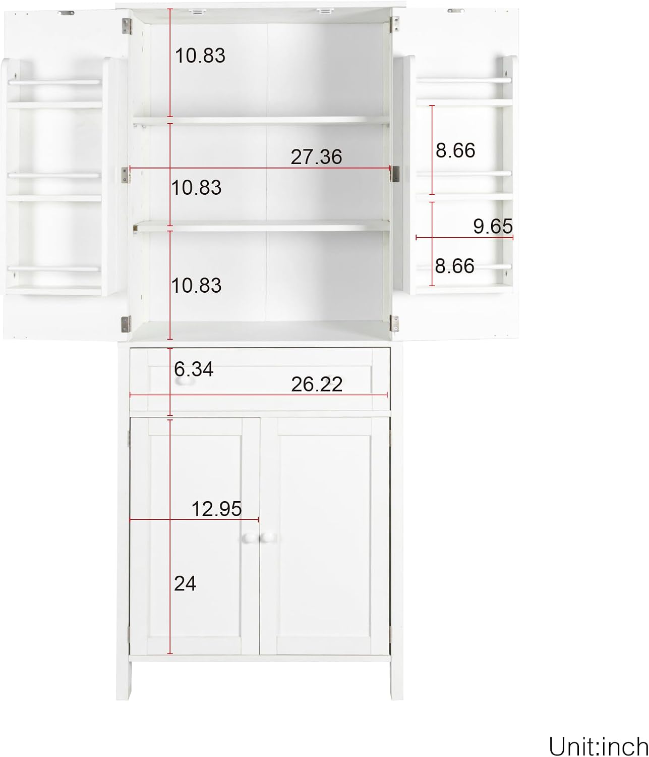 70.87" Tall Kitchen Pantry, Storage Cabinet, Kitchen Cabinet, Drawer and Adjustable Shelves, for Kitchen, Dining Room, White,15.75 * 29.53 * 70.87