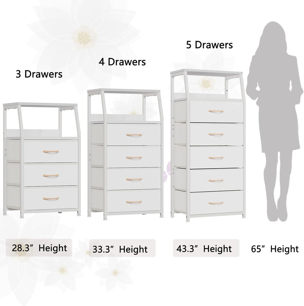 Furnulem Tall Nightstand with 4 Fabric Drawers, Small Dresser for Bedroom | White Dorm Bedside Table , Dresser for Closet, Storage Drawer for Living Room, Entryway, Furniture, Metal Frame, Wood Top
