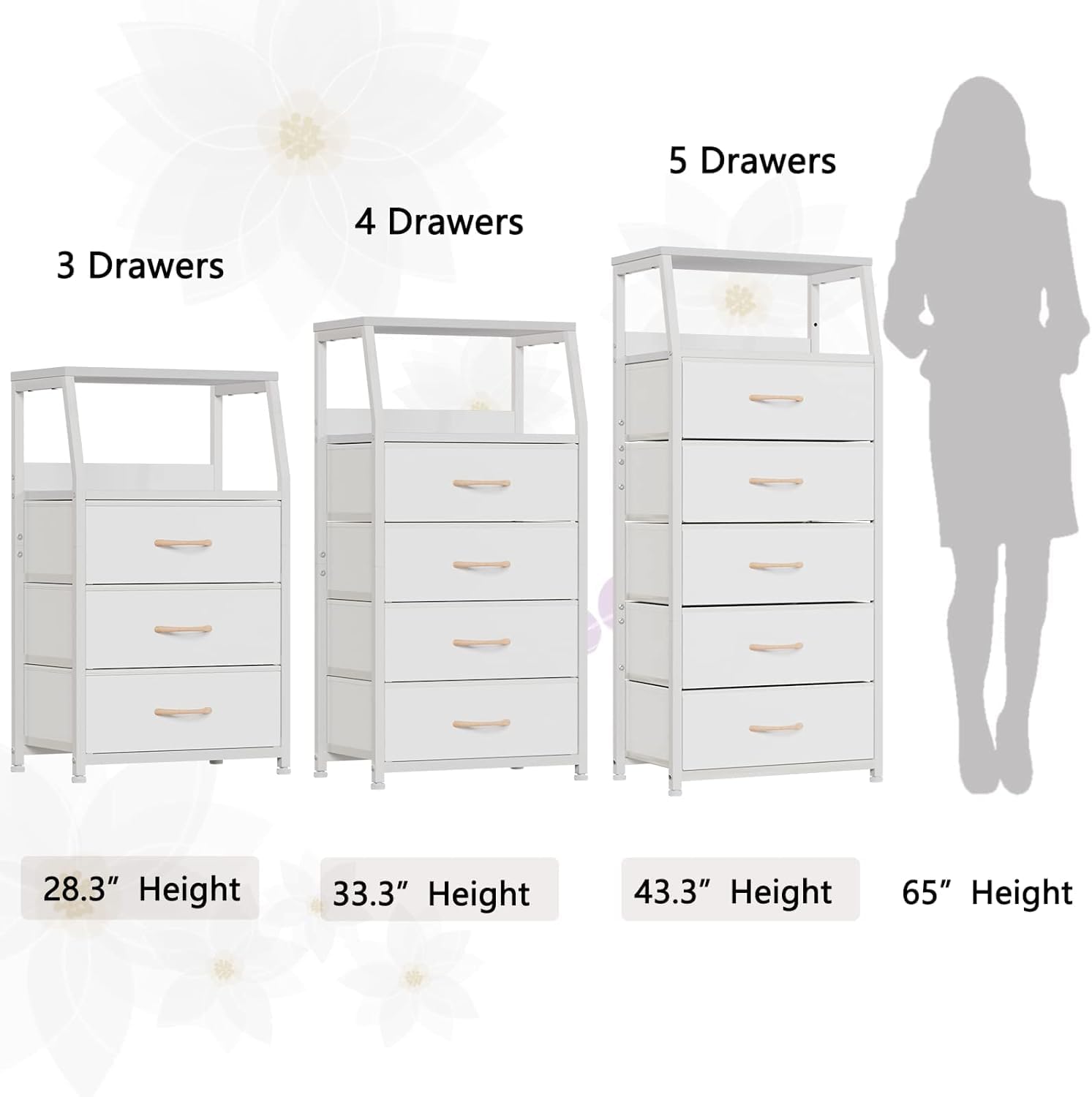 Furnulem Tall Nightstand with 4 Fabric Drawers, Small Dresser for Bedroom | White Dorm Bedside Table , Dresser for Closet, Storage Drawer for Living Room, Entryway, Furniture, Metal Frame, Wood Top