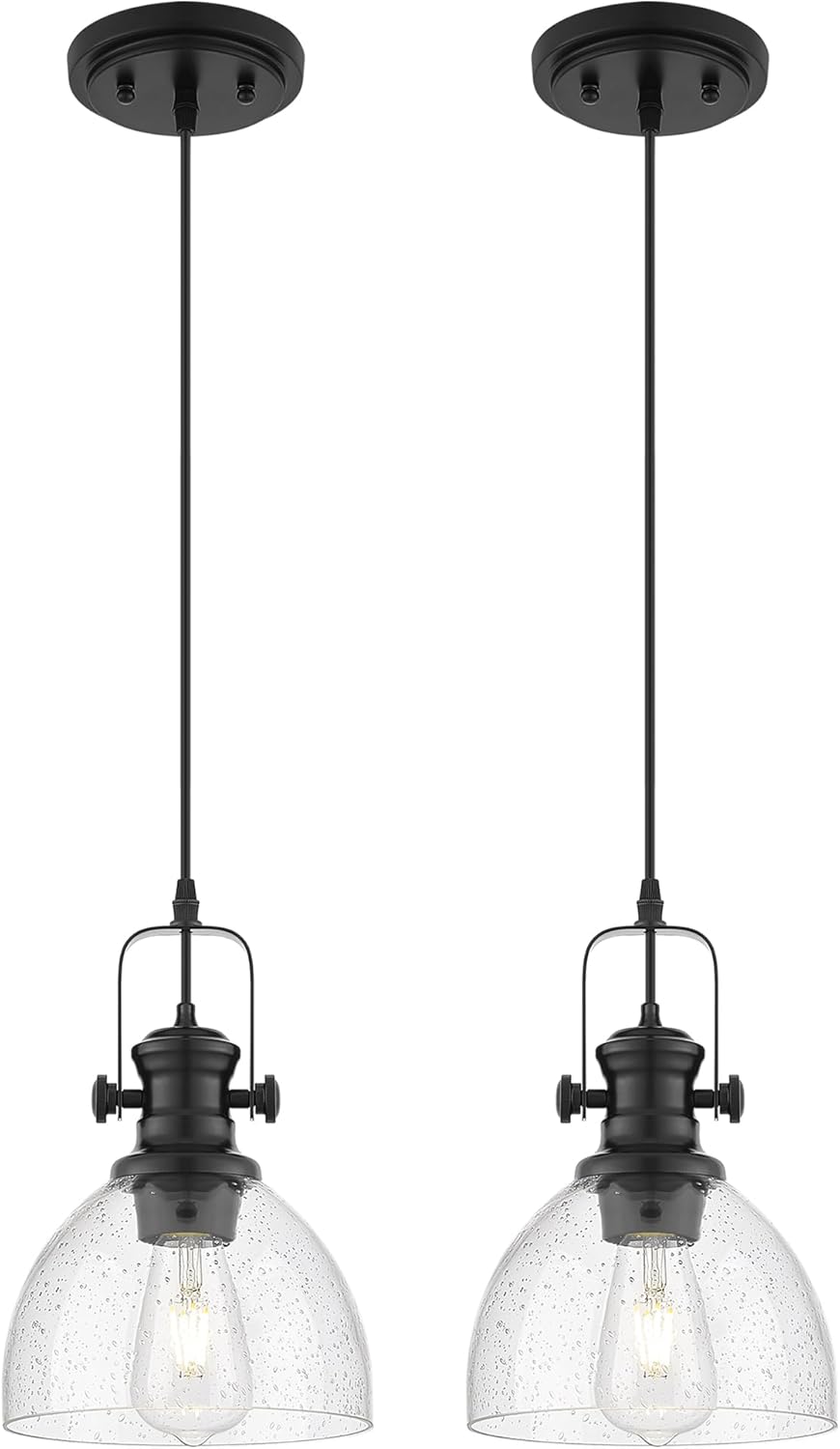2 Pack Pendant Lights Kitchen Island, 7.5" Black Pendant Lighting with Clear Seeded Glass Shade, Farmhouse Hanging Light Fixtures for Dining Room, AD-22151-1P2-BK