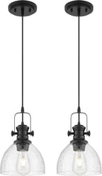 2 Pack Pendant Lights Kitchen Island, 7.5" Black Pendant Lighting with Clear Seeded Glass Shade, Farmhouse Hanging Light Fixtures for Dining Room, AD-22151-1P2-BK
