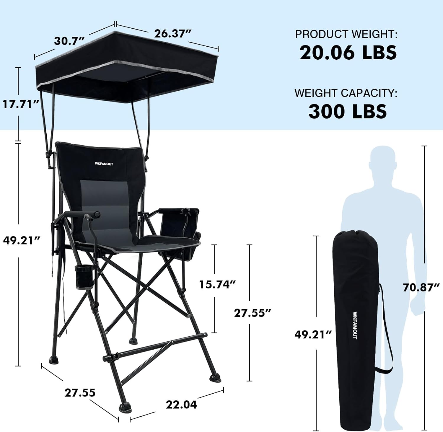 27" Tall Folding Director Chair Oversized with Canopy Shade for Adults Heavy Duty Camping Chair Portable with Footrest & Carry Bag Supports 300 lbs