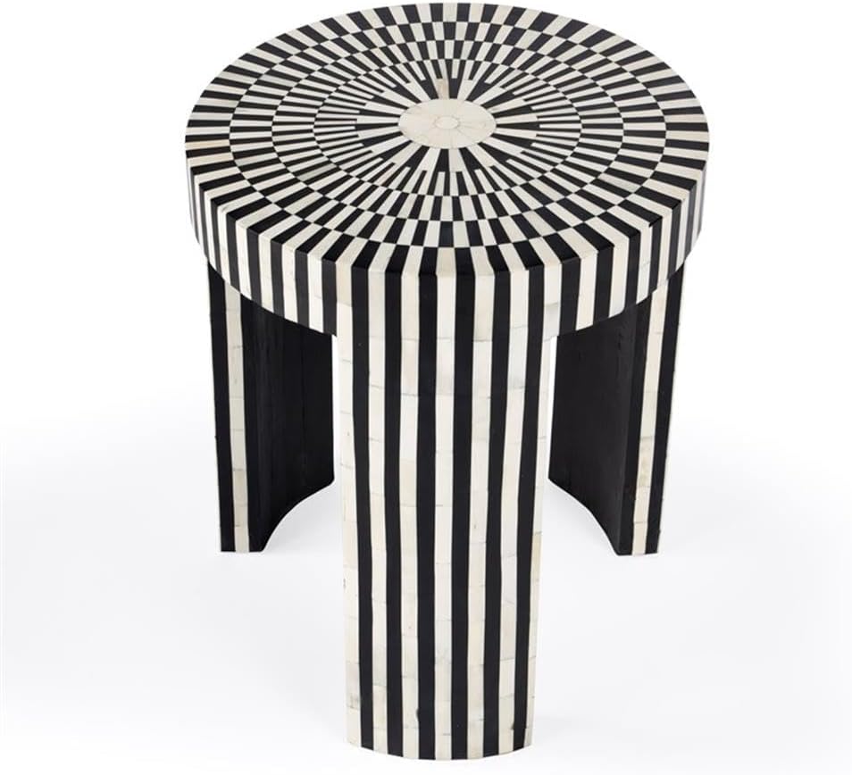 Beaumont Lane Transitional Round Bone Inlay Side Table, Black and White Finish, 18" W x 18" D x 22" H, Engineered Wood Construction, Handcrafted Accent Table for Living Room Decor
