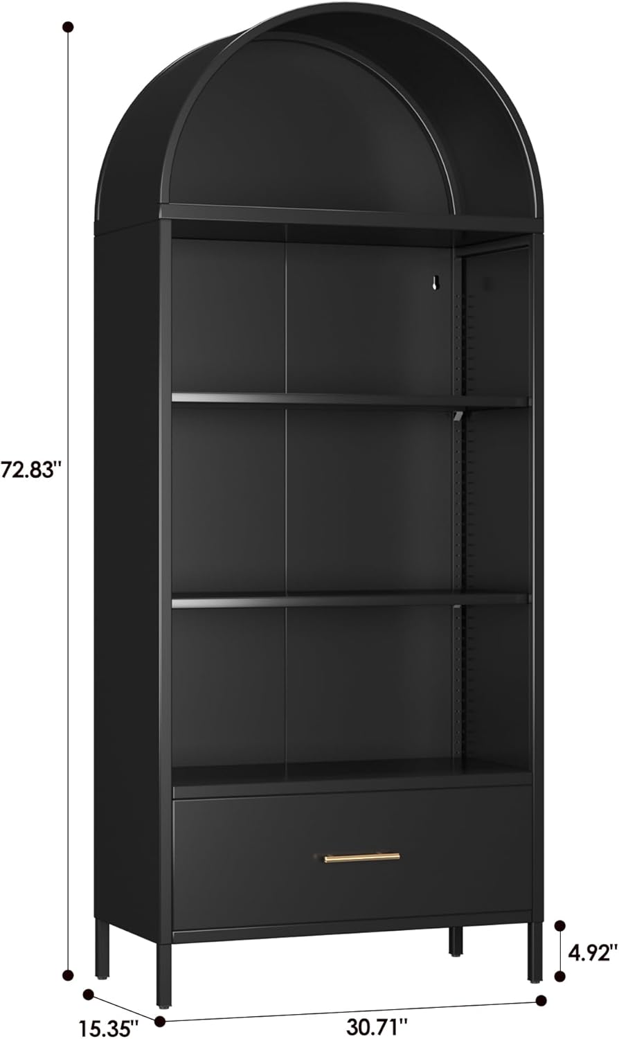 VEXPOR 73" Tall Arched Bookcase with Drawer, Metal Arched Cabinet with 2 Adjustable Shelves, Open Display Shelf for Home Office & Living Room, Heavy Duty Steel Storage Organizer