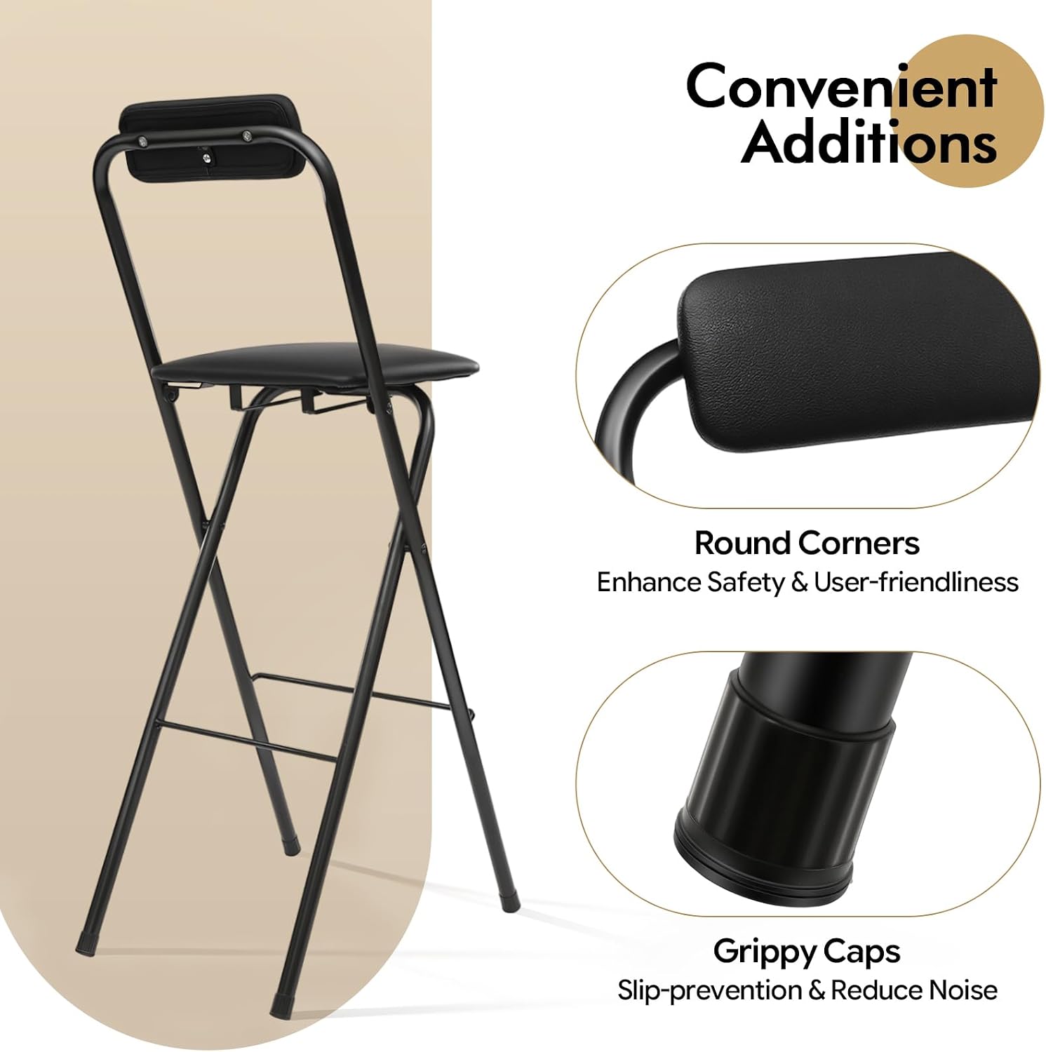 Foldable Bar Chair, 29.53" Tall Folding Chair Portable Stools with Backrest Cushioned Padded for Camping Kitchen Home Office, Load Capacity 275LBS (Black, 1PCS;29.53")