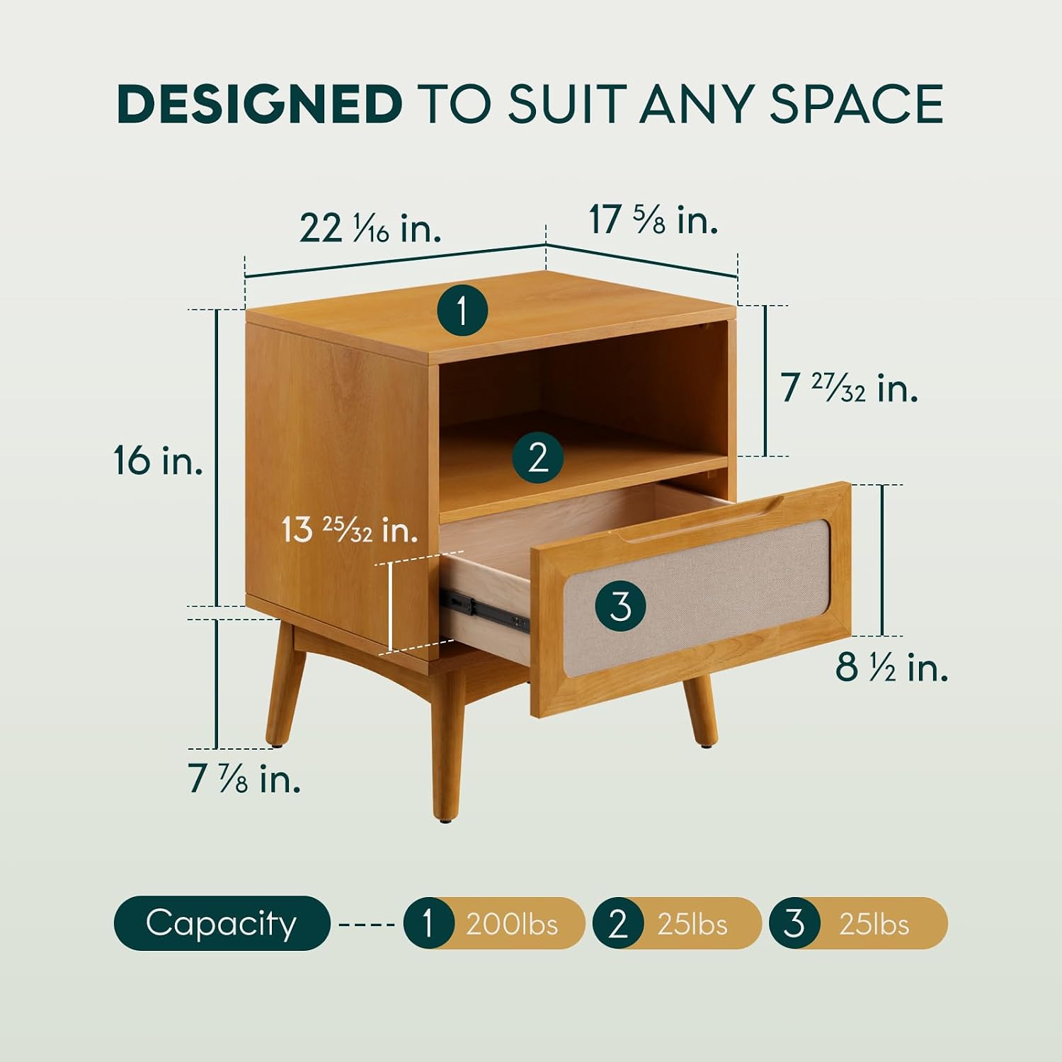 Bme Calista Nightstand 1 Drawer – Solid Wood Teak Brown Finish Bedside Table with Open Shelf & Fabric Panel Drawer, Mid-Century Modern Style with Tapered Legs, Easy Assembly