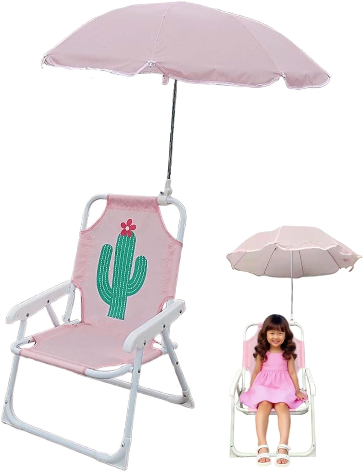 Kids Beach Chair with Umbrella, Foldable & Detachable Portable Oxford Cloth Cute Kids Beach Chair with Canopy for Outdoor Summer, Cactus &1