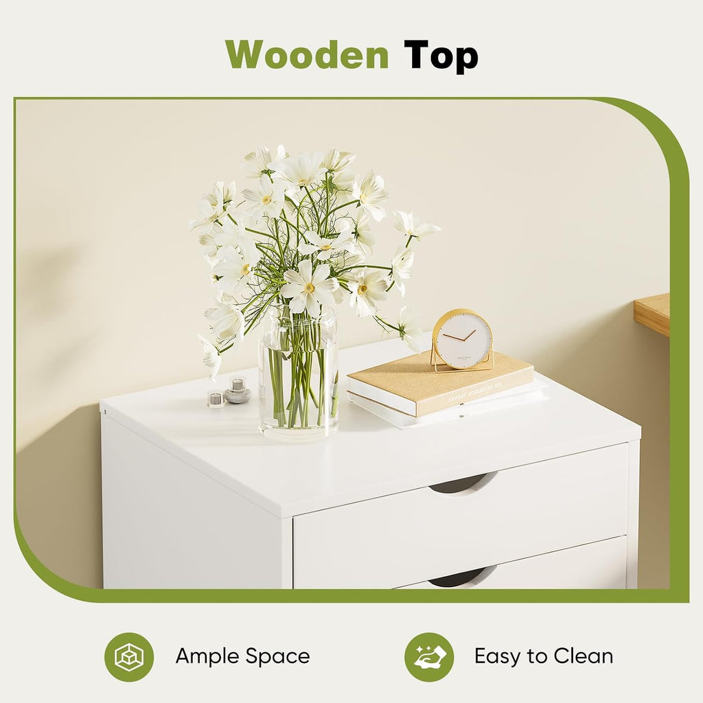 Sweetcrispy 5 Drawer Wooden Dresser, Storage Cabinets, Room Organization | Mobile Rolling Wheels, Vertical Organizer Chest, Home Office Bedroom Furniture, White Wood