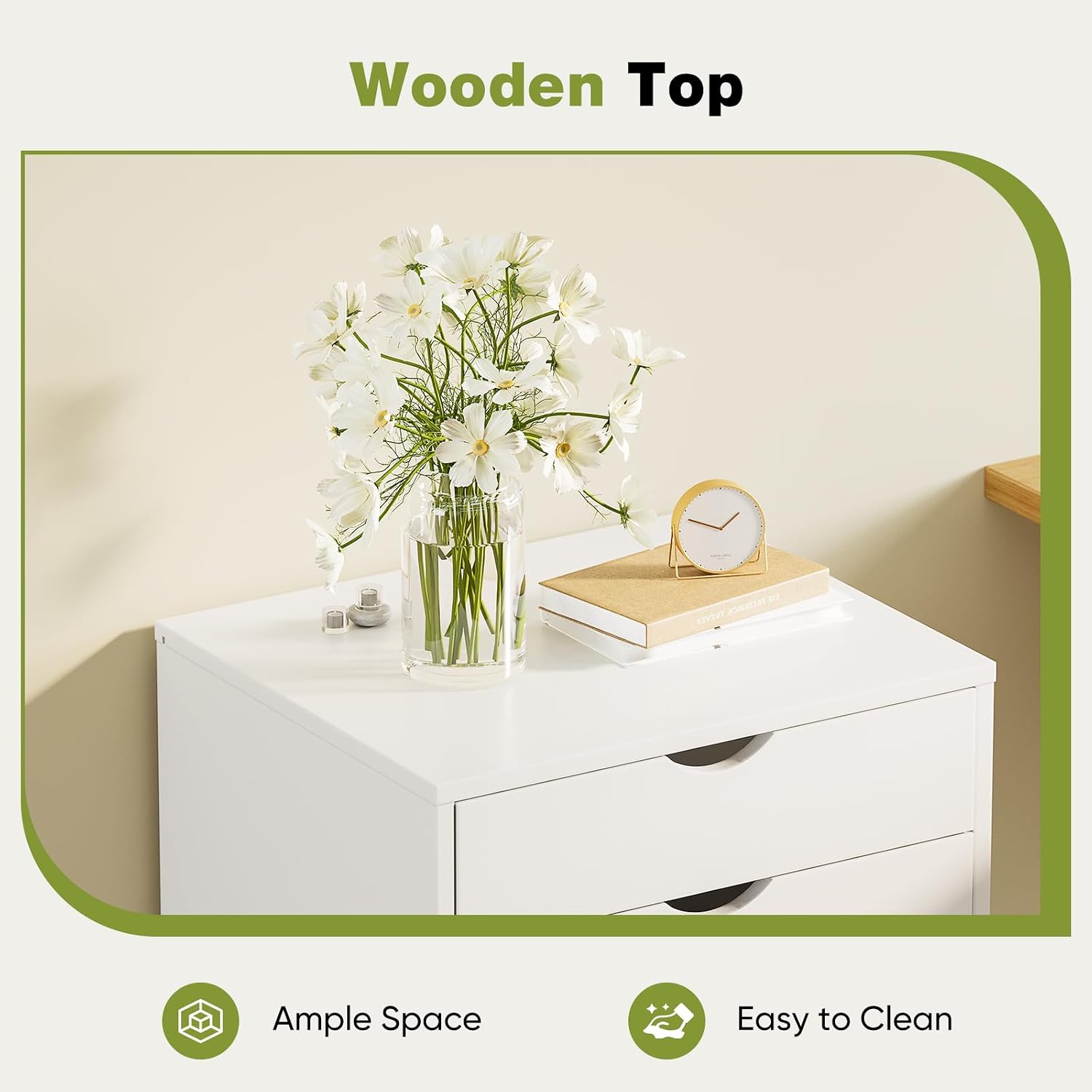 Sweetcrispy 5 Drawer Wooden Dresser, Storage Cabinets, Room Organization | Mobile Rolling Wheels, Vertical Organizer Chest, Home Office Bedroom Furniture, White Wood