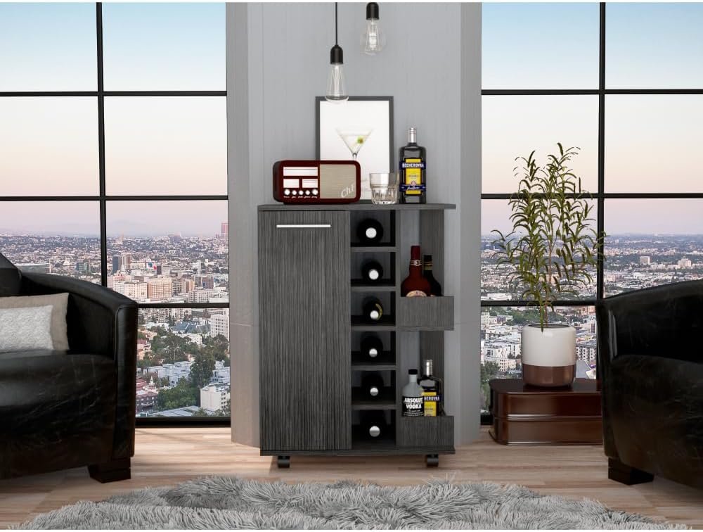 Tuhome Bar Cart, Two External Shelves, Four Casters, Six Built-in Wine Rack, Single Door Cabinet -Smokey Oak