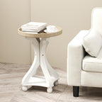 Accent Wood Farmhouse End Table, Round Side Tables, Nightstand Natural Tray Top and Distressed Carved Legs for Bedroom Living Room, White
