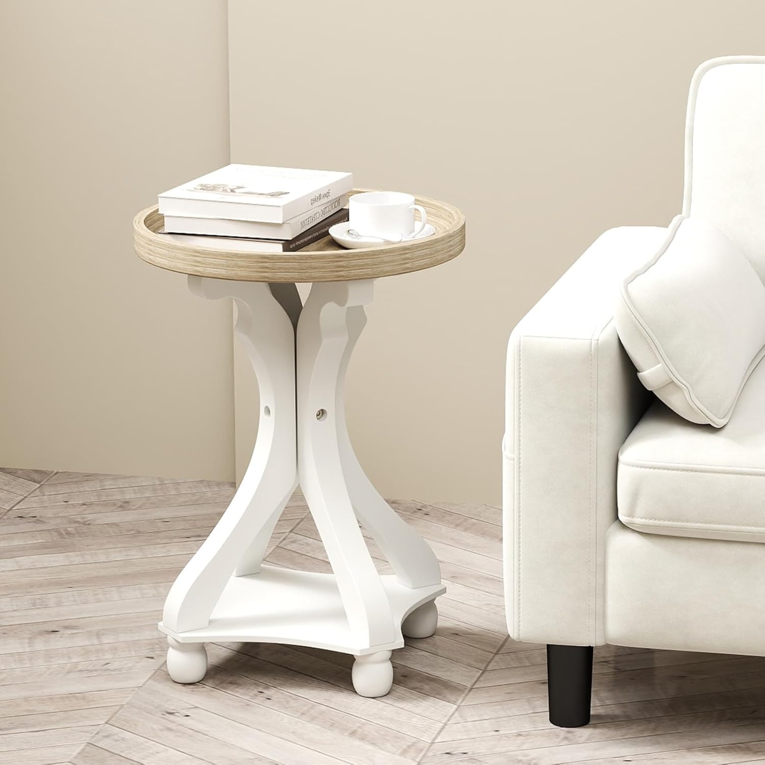 Accent Wood Farmhouse End Table, Round Side Tables, Nightstand Natural Tray Top and Distressed Carved Legs for Bedroom Living Room, White