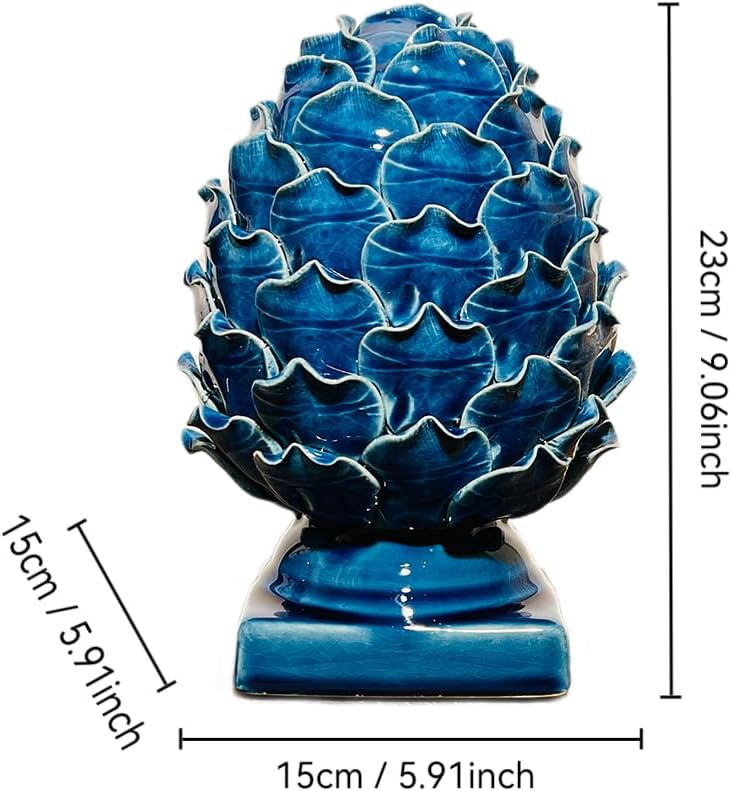 Blue Ceramic Artichoke Statue | Unique Artisanal, Decorative Sculpture, For Living Room, Office, Bookshelf