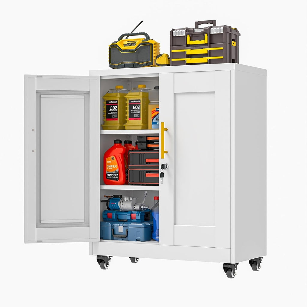 Metal Storage Cabinet with Wheels, 36" Tall Locking Storage Cabinet with 2 Adjustable Shelves, Locking Garage Cabinet, Steel Locker Organizer, for Office, Home, School, White