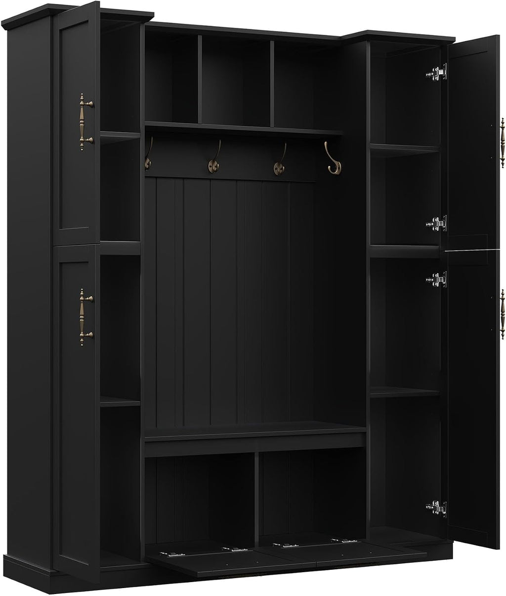 JIVOIT Farmhouse Hall Tree with 4 Side Cabinets, Adjustable Shelves & Open Cubbies, All-in-One Mudroom Furniture, Beadboard Entryway Bench with Coat Rack & 5 Hooks for Hallway (Black,152)