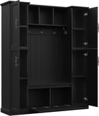 JIVOIT Farmhouse Hall Tree with 4 Side Cabinets, Adjustable Shelves & Open Cubbies, All-in-One Mudroom Furniture, Beadboard Entryway Bench with Coat Rack & 5 Hooks for Hallway (Black,152)