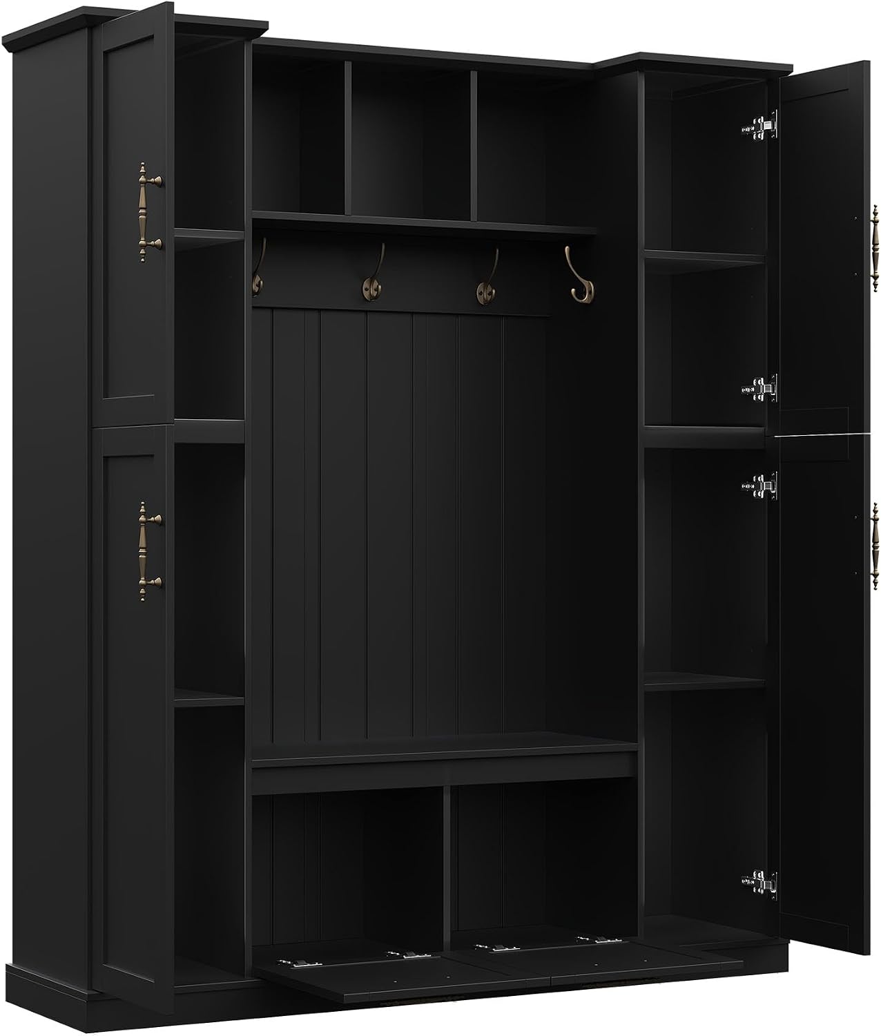 JIVOIT Farmhouse Hall Tree with 4 Side Cabinets, Adjustable Shelves & Open Cubbies, All-in-One Mudroom Furniture, Beadboard Entryway Bench with Coat Rack & 5 Hooks for Hallway (Black,152)