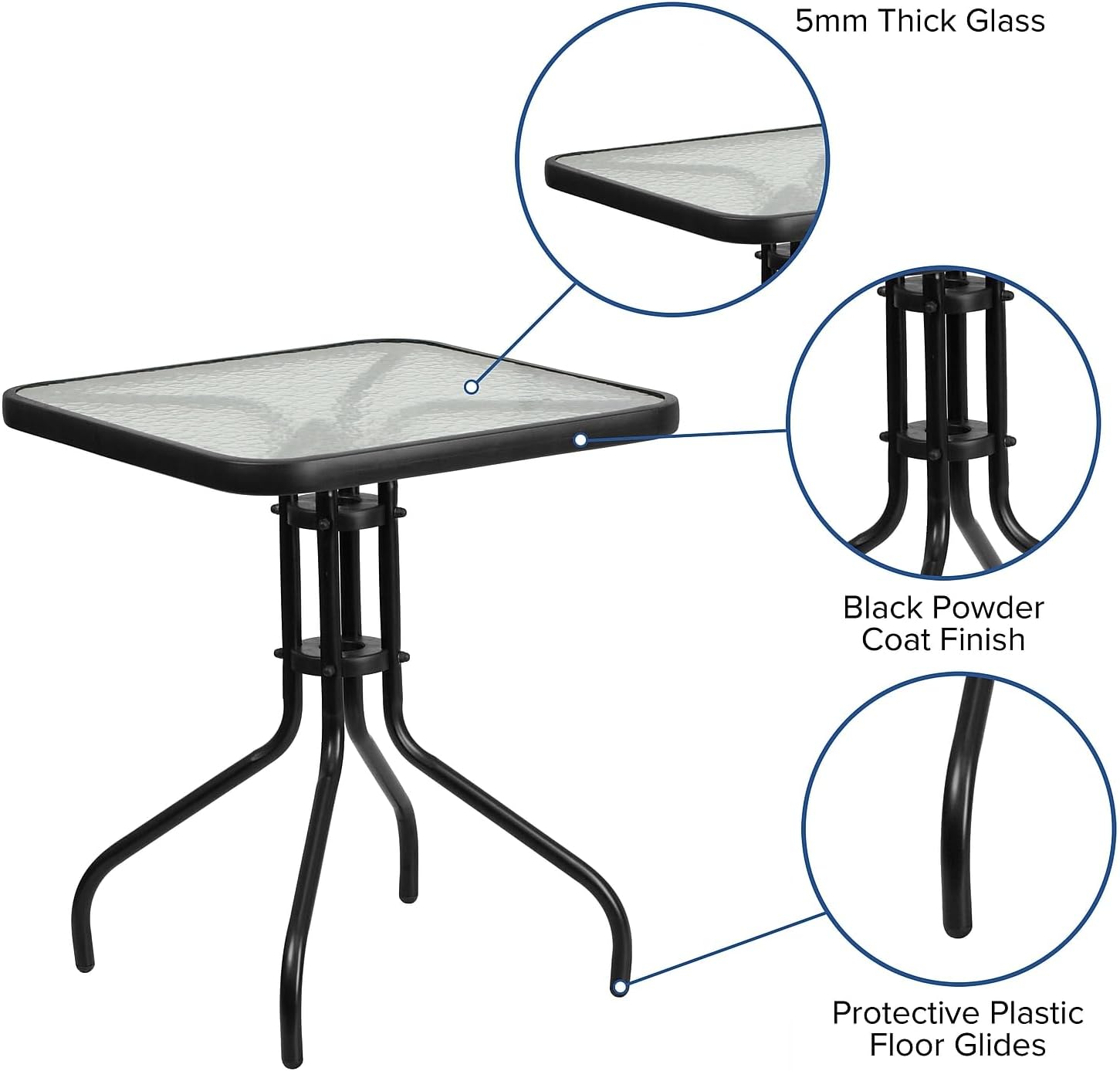 Flash Furniture Barker 23.5" Square Indoor/Outdoor Tempered Glass Patio Side Table, Outdoor Patio Table for Commercial or Residential Use, Clear/Black