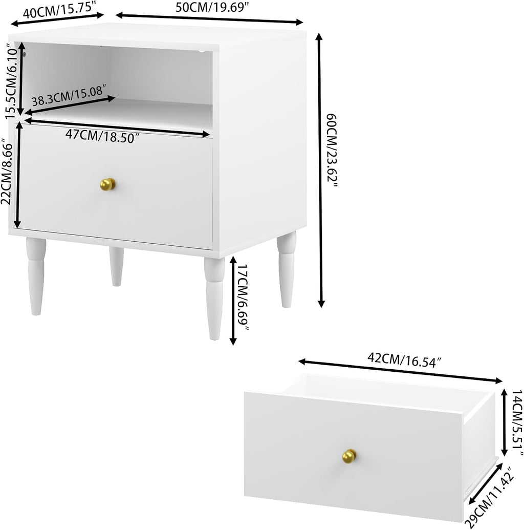 Modern White Nightstand with Drawer & Open Shelf - Gold Knob Bedside Table for Bedroom & Living Room (White)