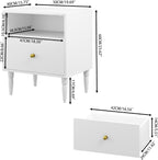 Modern White Nightstand with Drawer & Open Shelf - Gold Knob Bedside Table for Bedroom & Living Room (White)