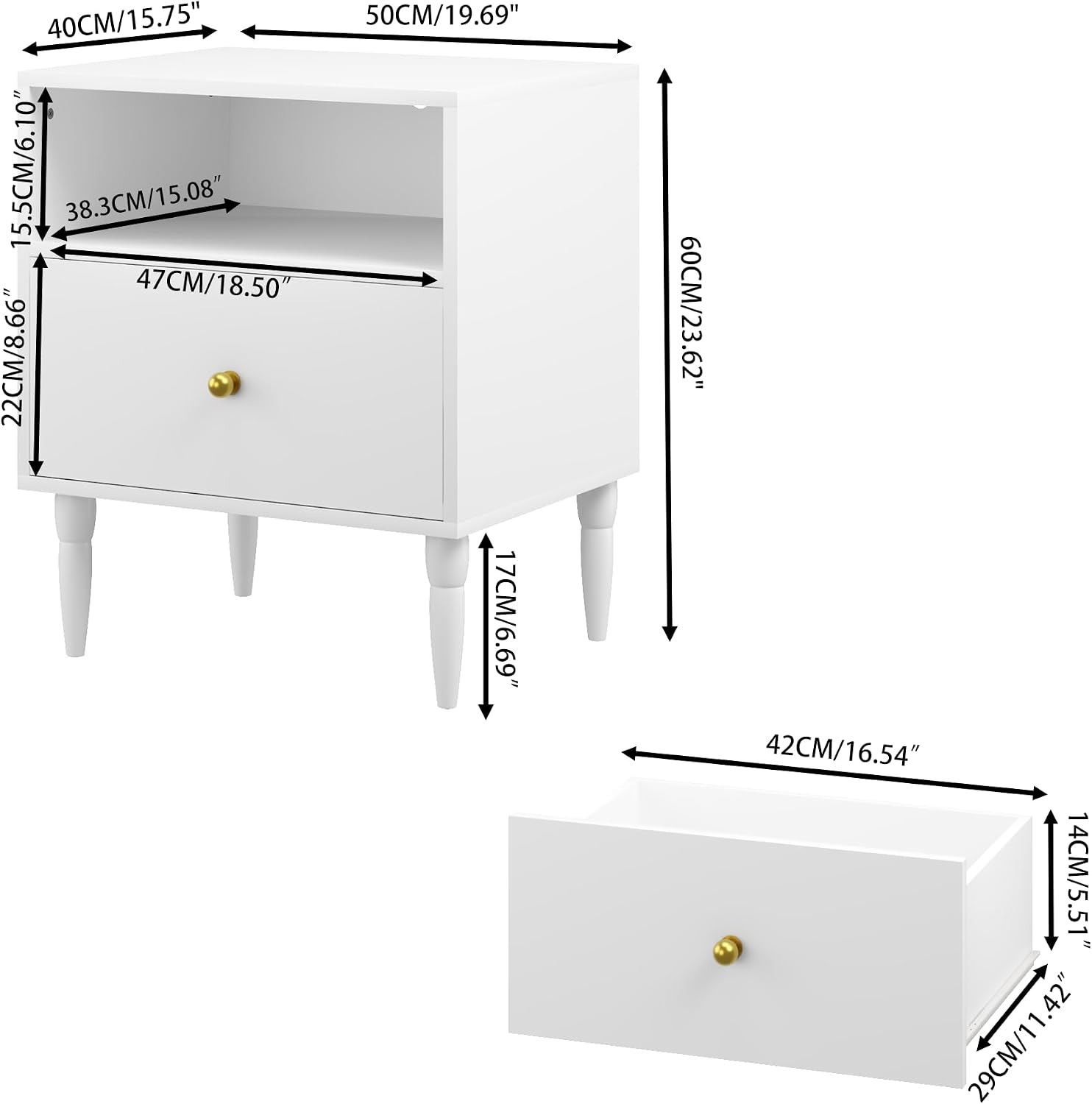 Modern White Nightstand with Drawer & Open Shelf - Gold Knob Bedside Table for Bedroom & Living Room (White)