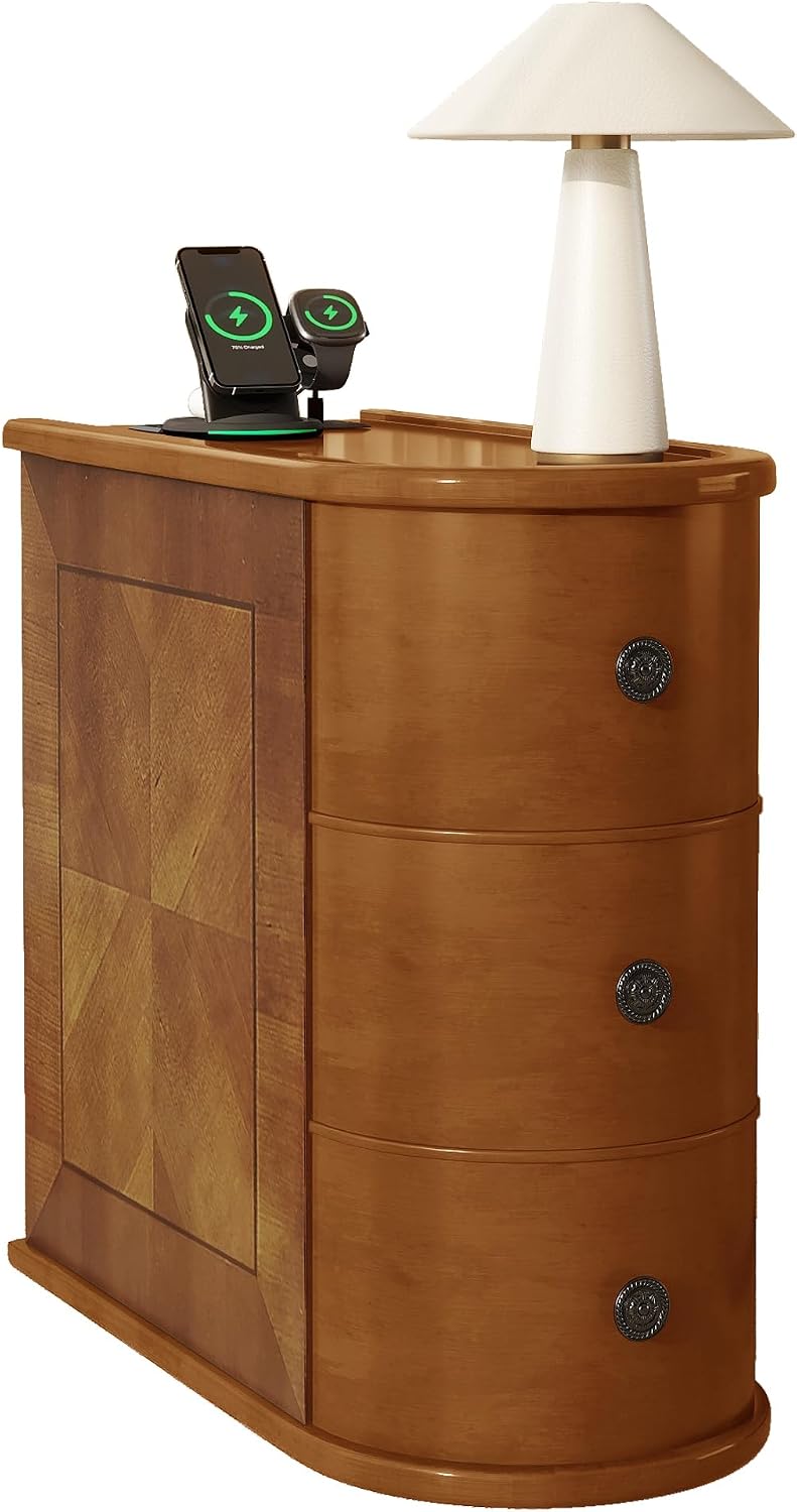roomfitters 23.6" End Table, Charging Station and Drawers with Wooden Frame for Living Room, Light Walnut