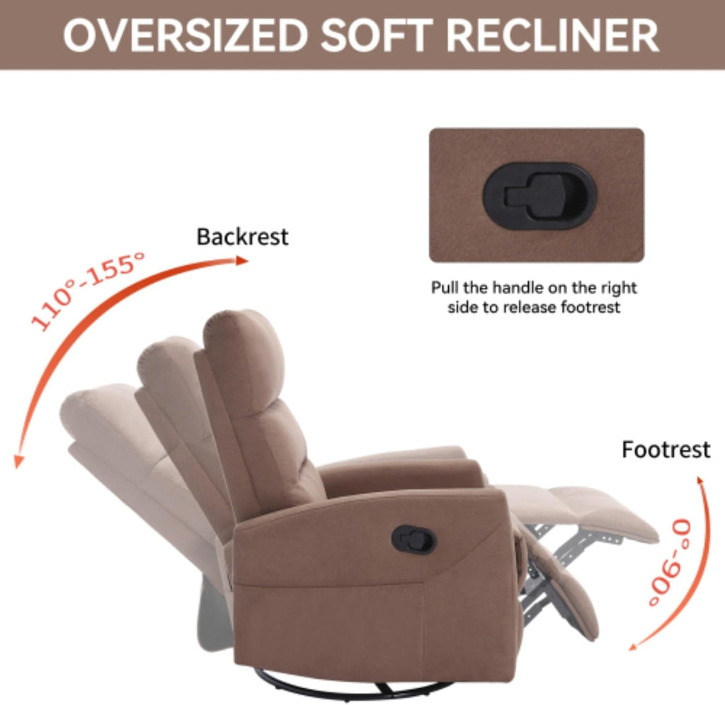 Manual Swivel Rocking Recliner Chair, Fabric Upholstered Glider Seat with 155 Degree Backrest Adjustment, Side Pull Handle, Foam Cushioned Support, Pocket Storage, Living Room Nursery (Brown)