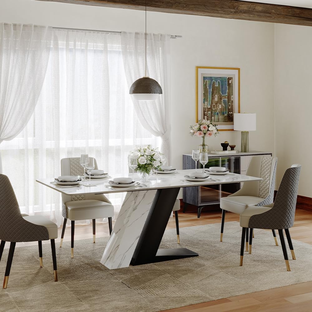 POVISON 71" Luxury Modern Dining Table for 6, Sintered Stone Dining Table Top with Z-Shaped Stainless Steel Pedestal, Rectangle Dining Room Table (Table Only)