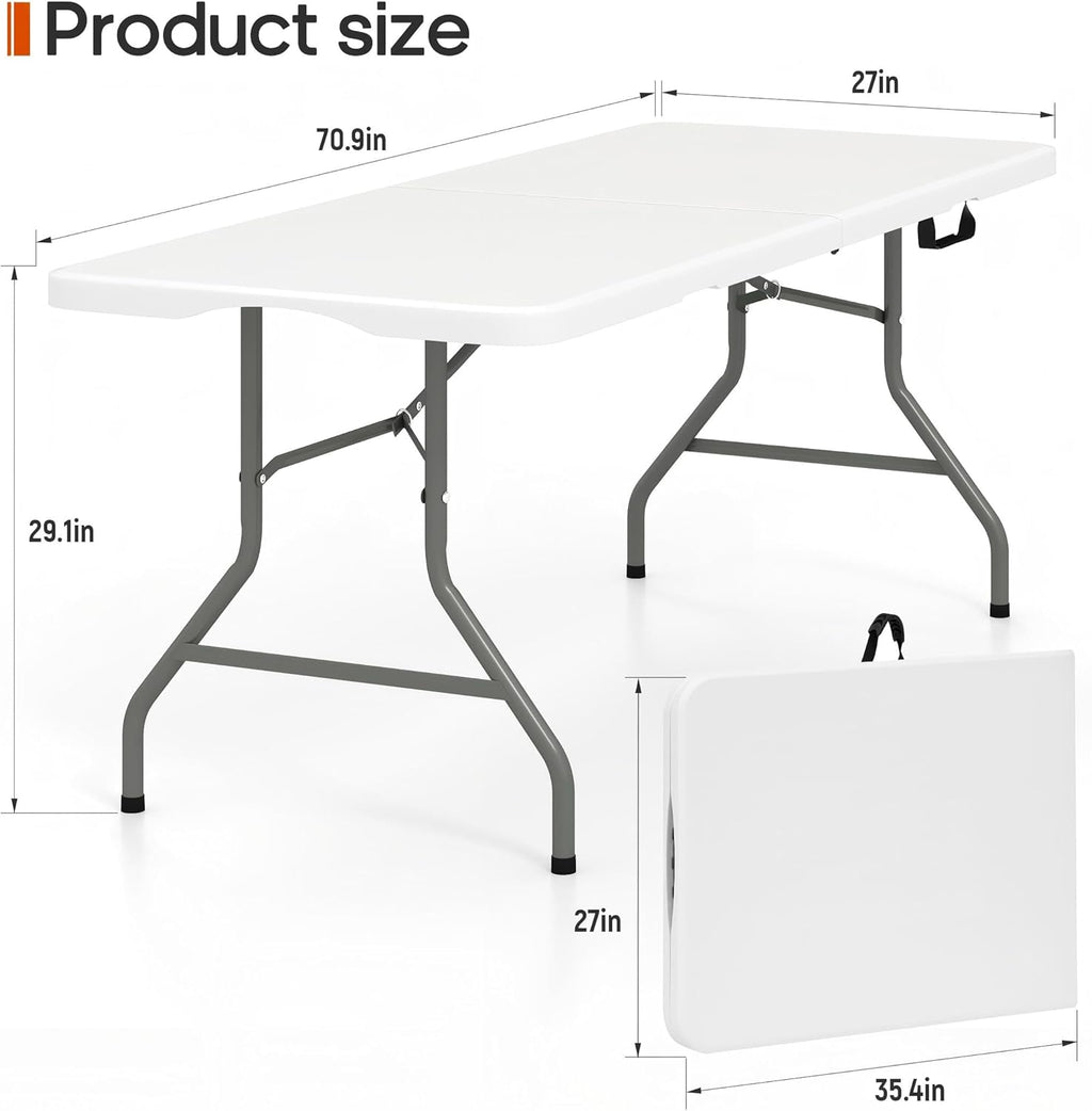 Folding Table 6FT 350 LBS Heavy Duty Foldable Table with 18% Thicker HDPE Waterproof Top, Portable Fold in Half with Handle, Reinforced Steel Frame for Indoor Outdoor Party Events