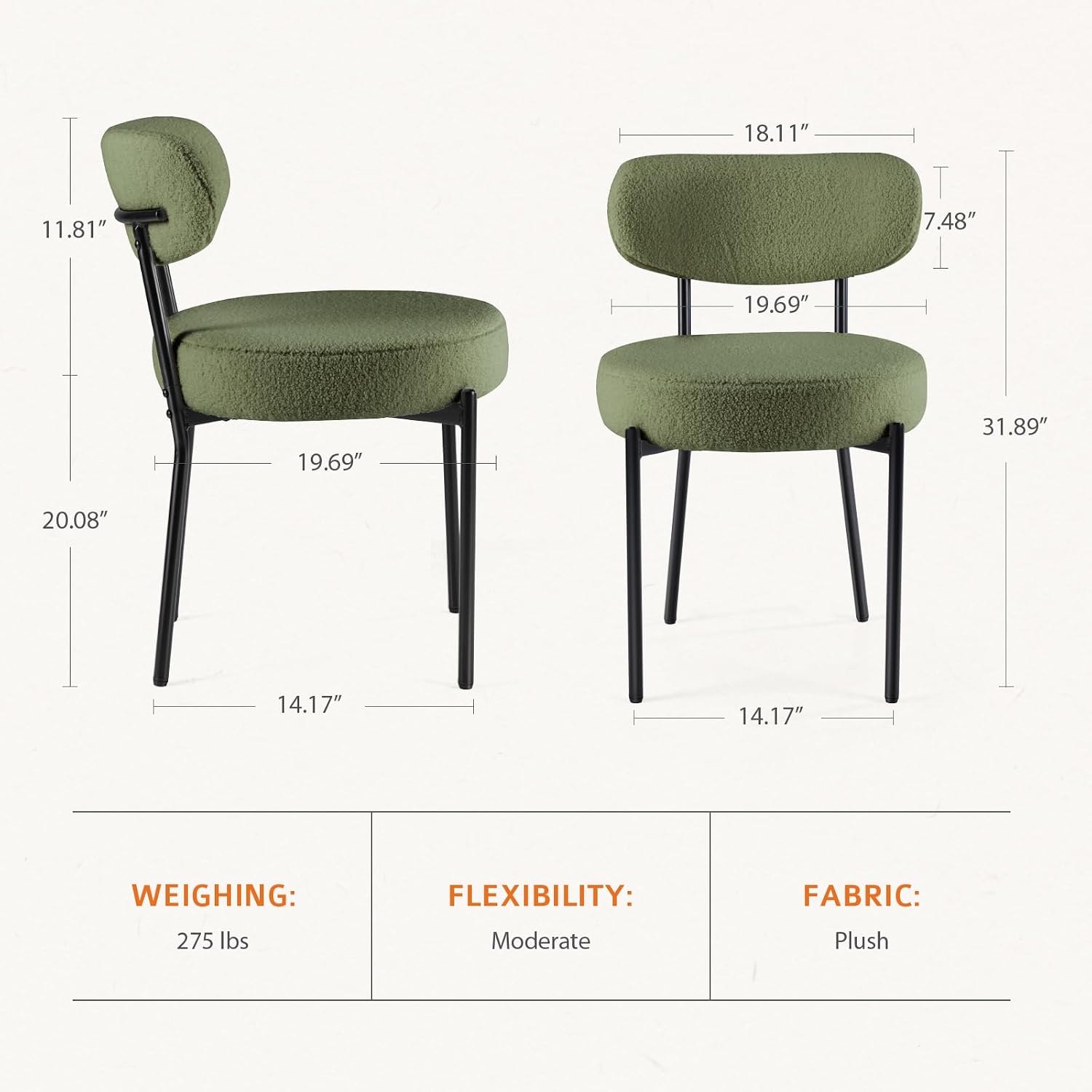 DUMOS Dining Chairs Set of 2, Mid Century Modern Chair Round Upholstered Curved Backrest, Kitchen Vanity Living Room Chairs with Black Metal Legs, Green