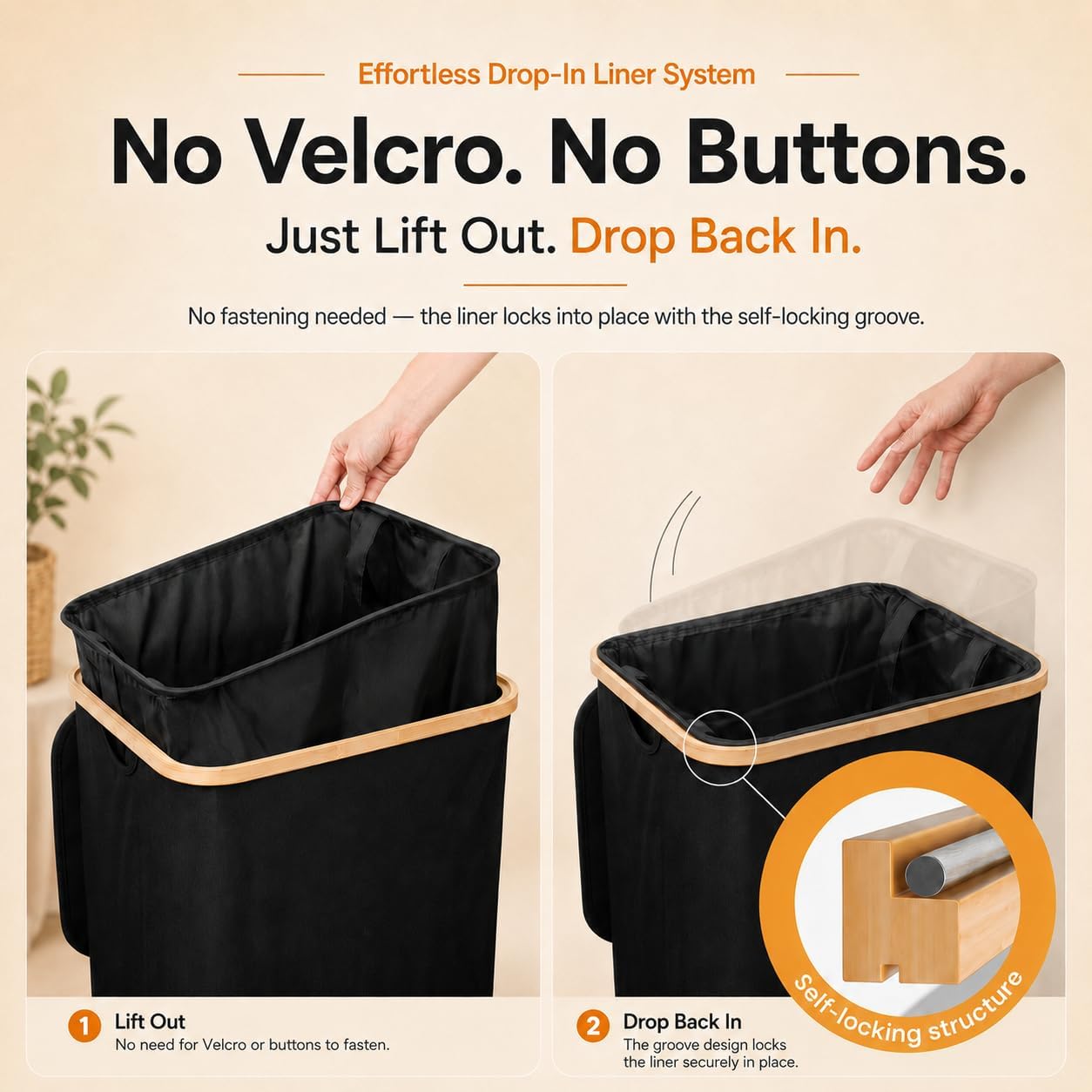 Foluck Large Laundry Hamper, 100L Waterproof Laundry Basket with Lid and Removable Bag, Collapsible Tall Clothes Hamper with Bamboo Handles for Clothes Toys in Dorm Bedroom Bathroom, Black