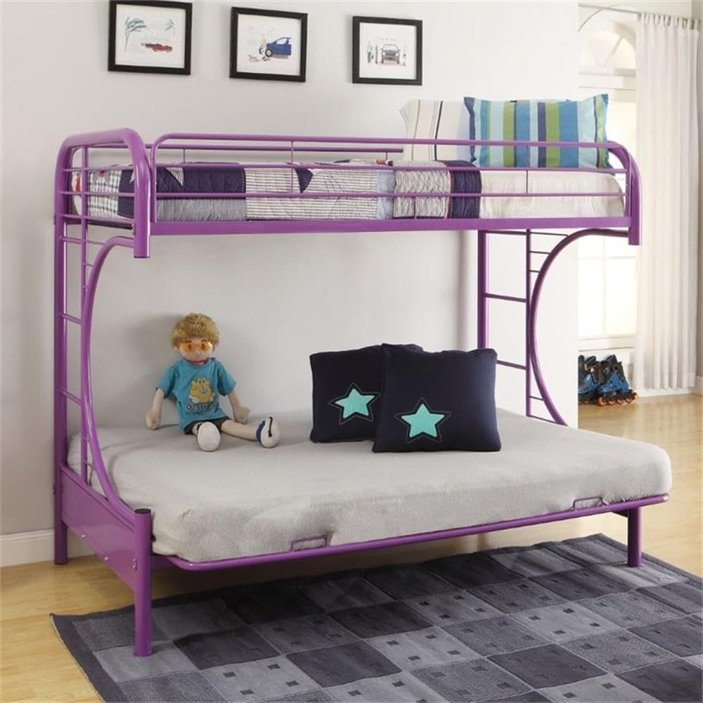 BOWERY HILL Modern Twin Over Full Futon Bunk Bed, Purple Finish, Metal Tube with Slat System, Built-in Ladders, Full-Length Guardrails, Convertible Sit to Sleep Futon, Kids Room Furniture Piece