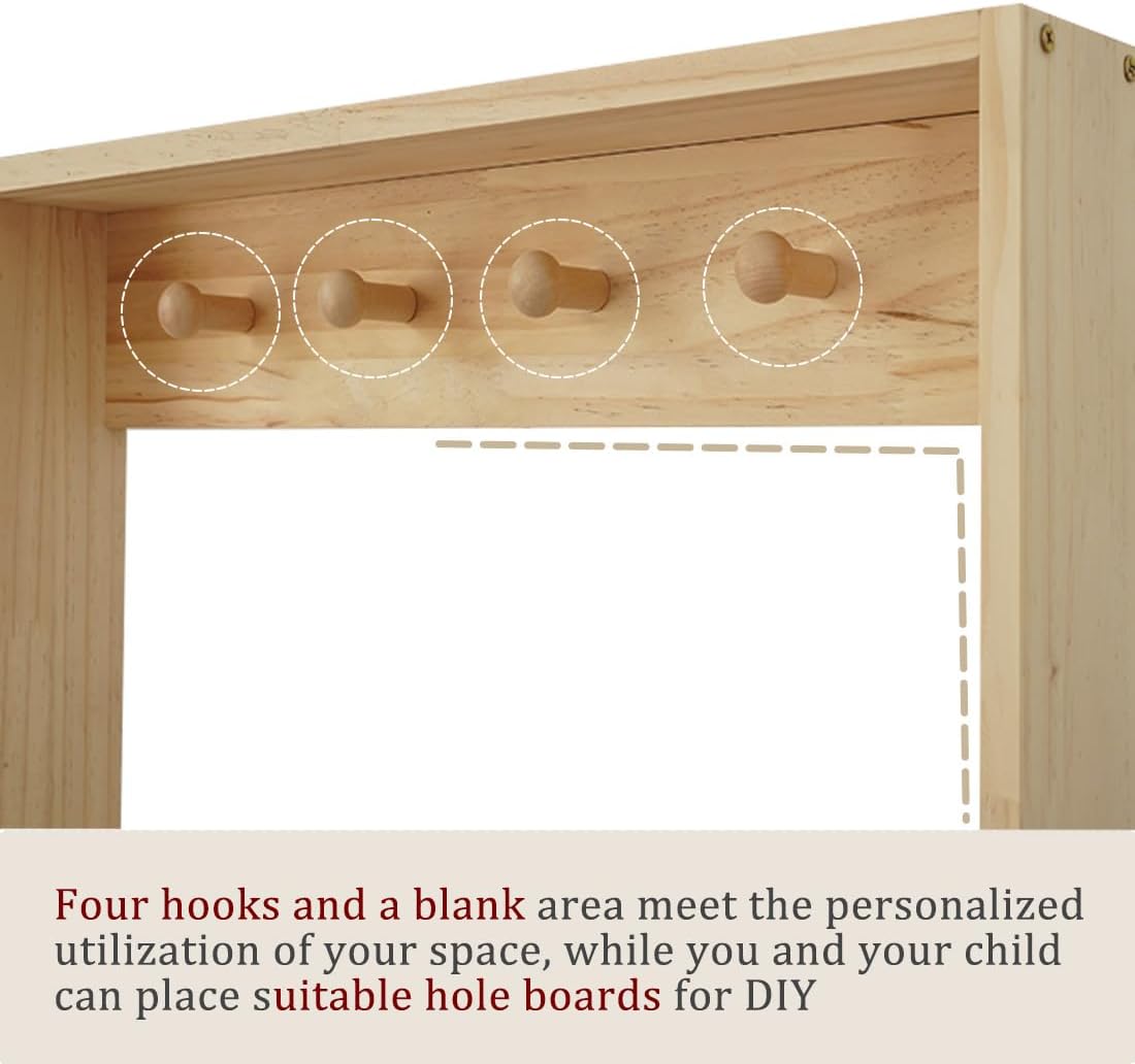 Wooden Kids Bookshelf, Wall Mount Shelf with Hooks, Organizer for Toys and Books, Space-Saving | with Hooks