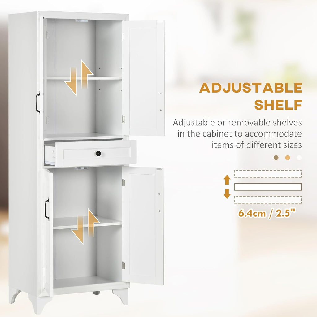 67" Tall Kitchen Pantry Cabinet, 4-Door Storage with Drawer & Adjustable Shelves, Stylish White Cabinet for Dining Room