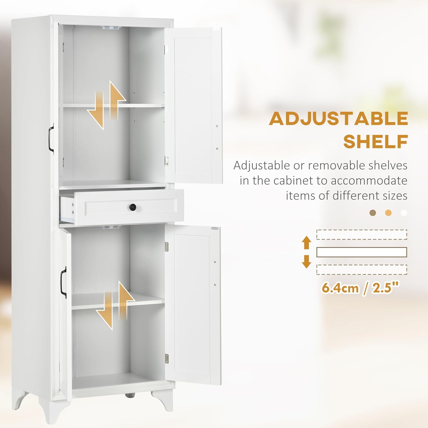 67" Tall Kitchen Pantry Cabinet, 4-Door Storage with Drawer & Adjustable Shelves, Stylish White Cabinet for Dining Room