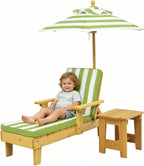 Kids Lounge Chair Outdoor, Toddler Chaise Lounge w/Removable Striped Fabric Cushions, Parasol and Coffee Table, Minimalist Patio Furniture for Pool Beach Backyard Lawn(Green)