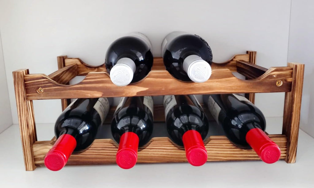 8-Bottle Wood Wine Rack - 2-Tier Countertop Wine Bottle Holder for Kitchen, Bar, Pantry, Dining Room | Small Freestanding Stackable Liquor Storage Organizer, Carbonized Pine