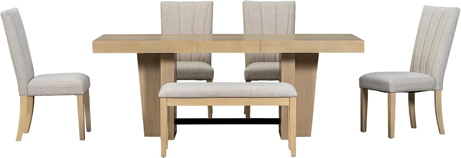 LUMISOL Farmhouse Dining Table Set for 6, Extendable Kitchen Table Set with Bench and 4 Upholstered Chairs, 3.8inch Thick Tabletop and Trestle Legs for Kitchen, Dining Room, Natural+Beige