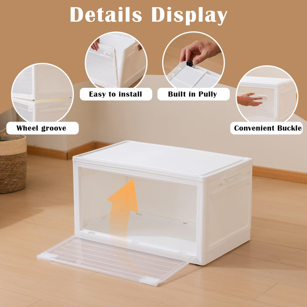 101QT Plastic Stackable Storage Bins, 4 Pack Collapsible Plastic Storage Bins with Lid, Doors & Wheels, for Closet Bedroom, White