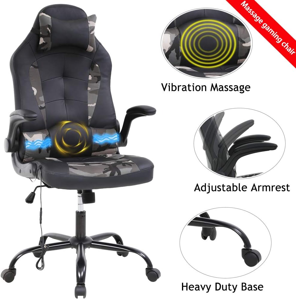 Ergonomic Gaming Office Chair - High Back Executive Computer Chair with Lumbar Support & Flip-Up Arms, PU Leather Adjustable Swivel Chair for Women/Men, Height Adjustable Massage Desk Chair (Camo)