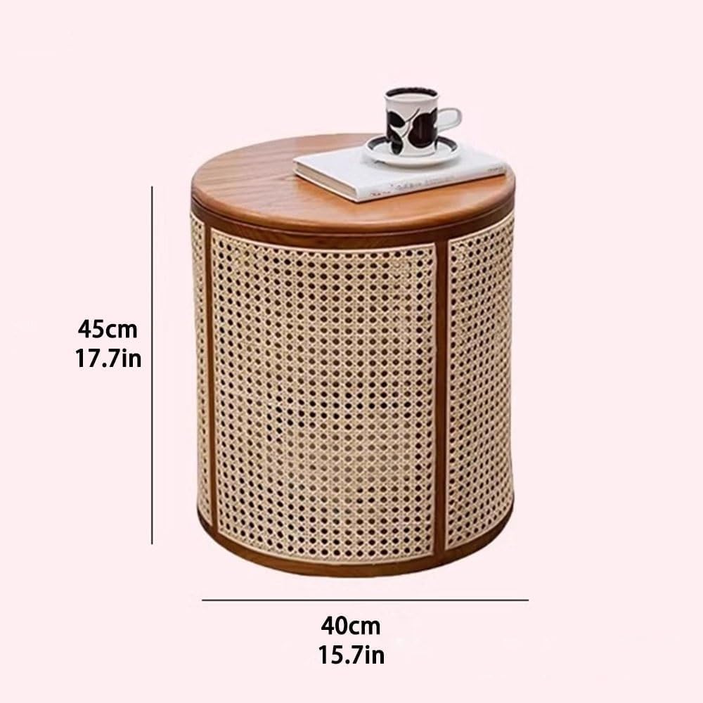 Wood Round Side Table with Storage Woven Rattan-Accent End Table Modern Accent Coffee Bedside Table for Living Room Heavy Duty(Natural)