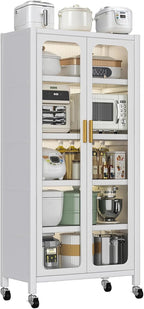 65.16" Tall Kitchen Pantry Storage Cabinet, Large Kitchen Display Cabinet with Wheels, Freestanding Buffet Cabinets with Adjustable Shelf & 2 Doors for Home, Dining Room, Living Room, White