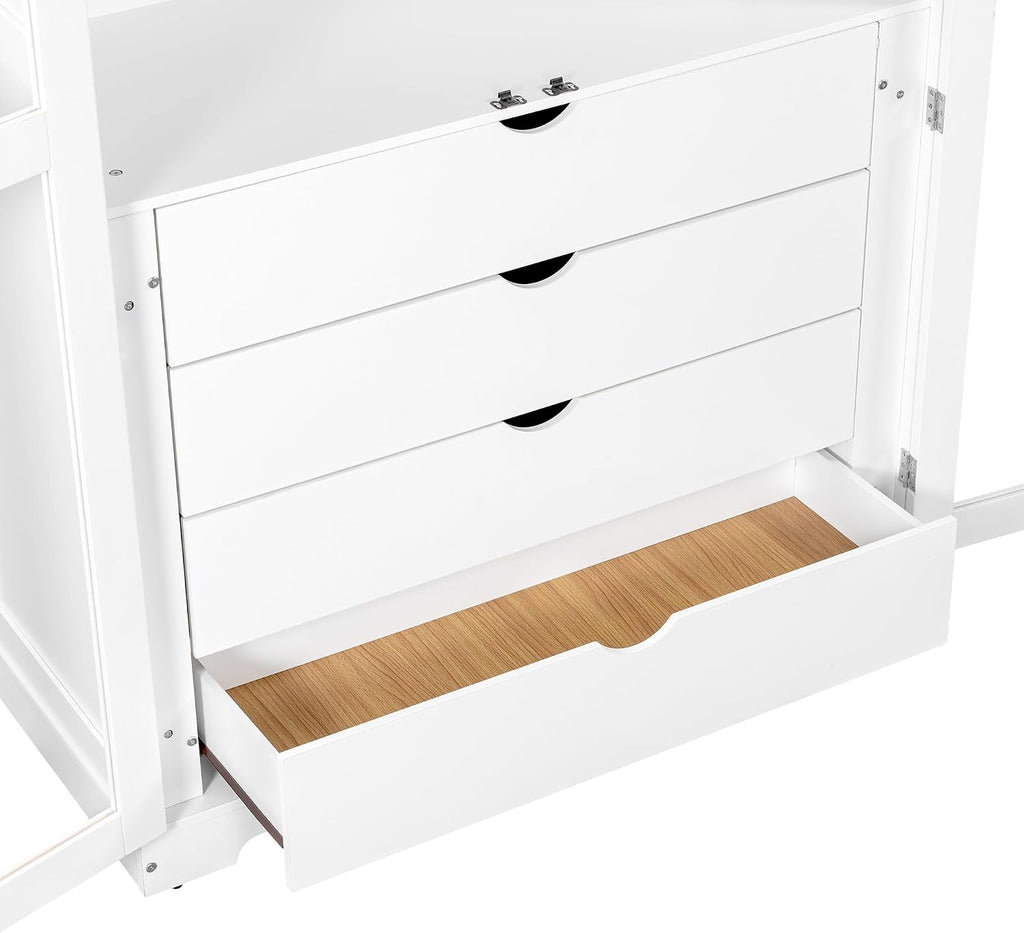 LUMISOL 75" Tall Kitchen Pantry with 4 Built-in Drawers, Kitchen Storage Cabinet with Glass Doors, Display Cabinet for Living Room Dining Room Office, White