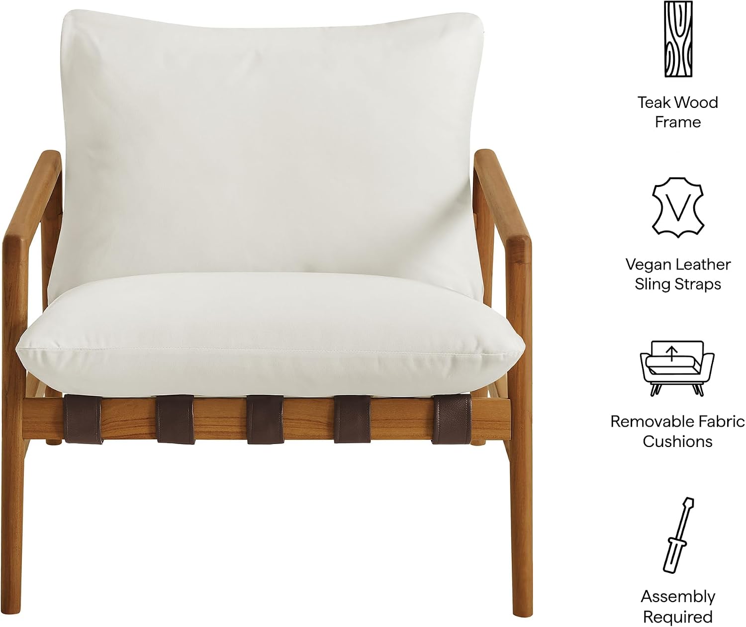 Modway Nomi Teak Wood Outdoor Sling Accent Chair in Natural White - Faux Leather Vegan Patio Armchair with Removable Cushioned Upholstery