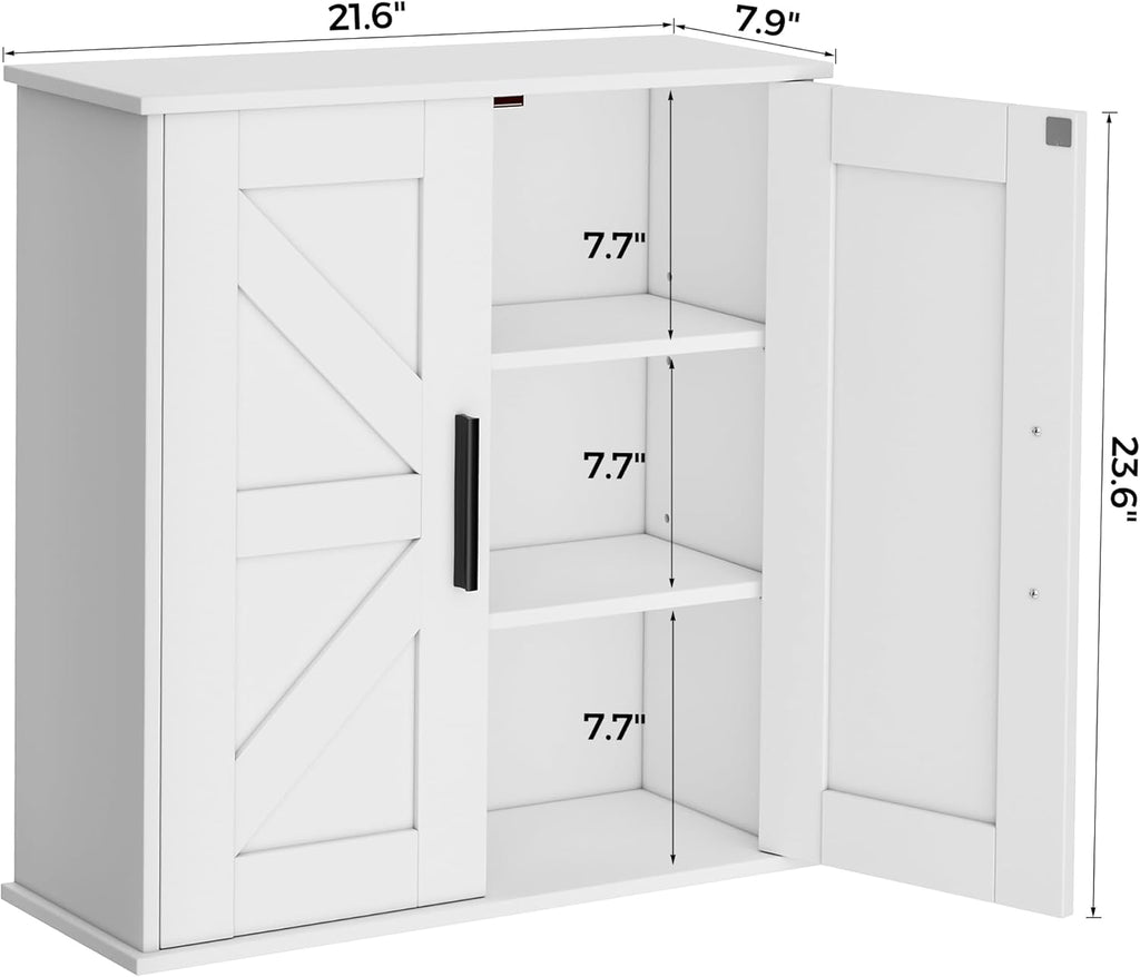 Homleke Bathroom Wall Cabinet, Over Toilet Storage Cabinet with Barn Doors and Adjustable Shelves, 3-Tier Medicine Cabinet Wall Mounted, for Bathroom, Kitchen, Entryway, Laundry Room, White, (7.9" D)