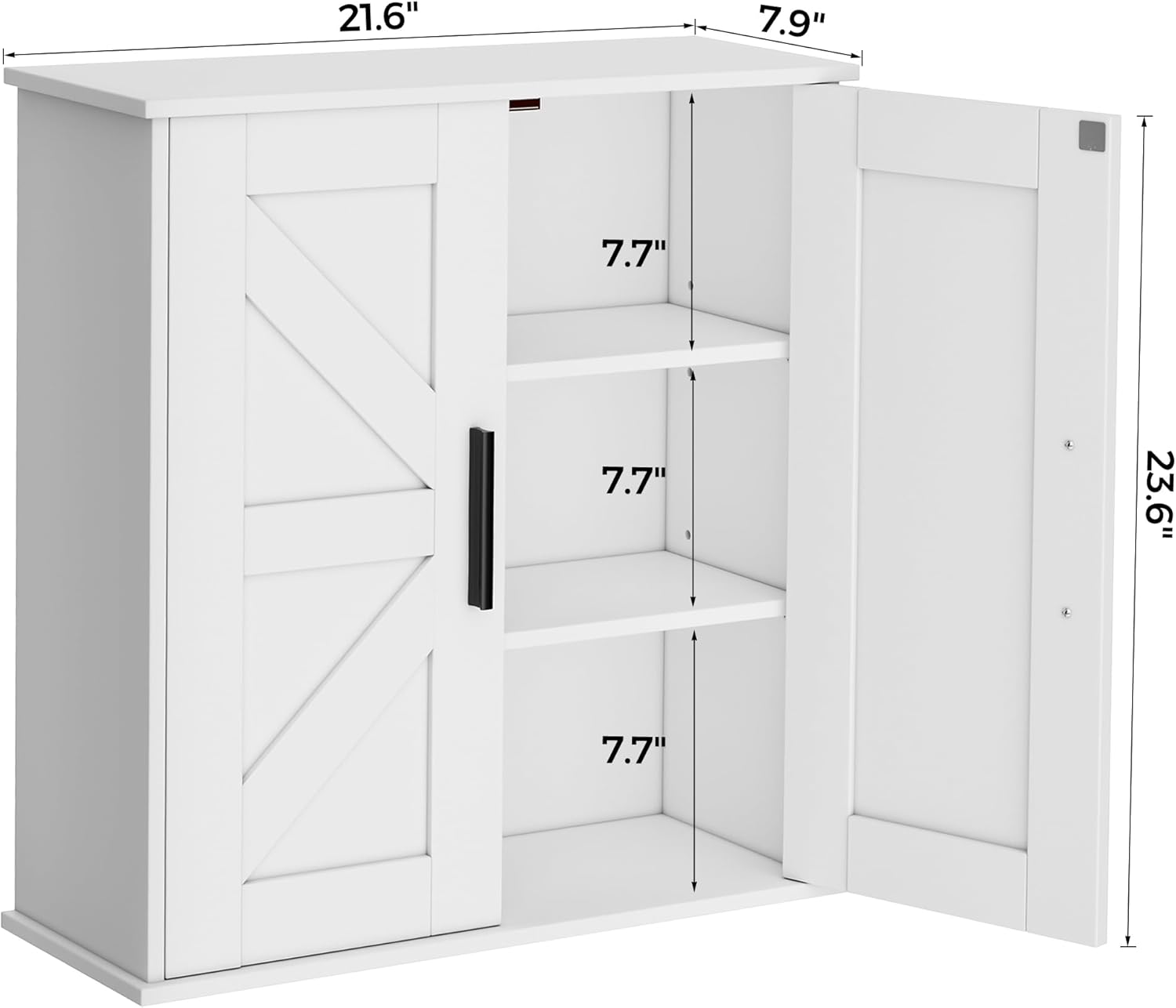 Homleke Bathroom Wall Cabinet, Over Toilet Storage Cabinet with Barn Doors and Adjustable Shelves, 3-Tier Medicine Cabinet Wall Mounted, for Bathroom, Kitchen, Entryway, Laundry Room, White, (7.9" D)