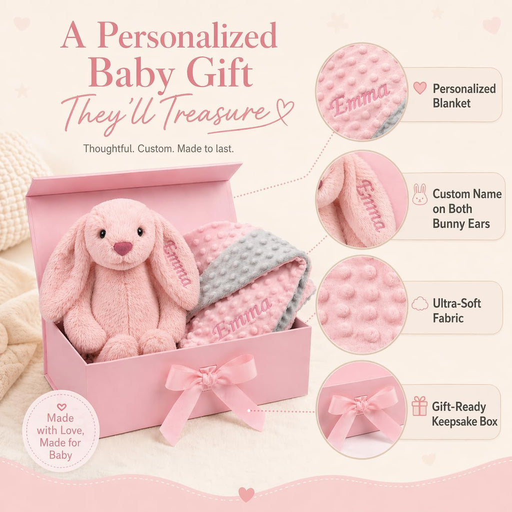 Terwex Personalized Baby Blanket & Plush Bunny Set, Custom Baby Blankets for Girls Boys with Name, Customized 2-in-1 Dot Receiving Swaddle & Rabbit Set, Toddler Infant Gifts for Baby Shower Birthday