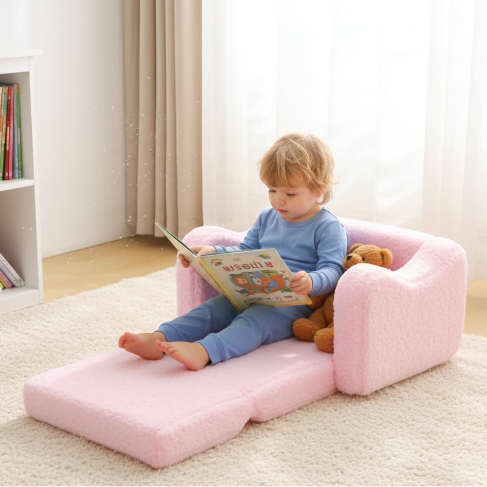 Toddler Couch 2-in-1 Flip Open Convertible Sherpa Kids Sofa Chair, Pink | LUXURY SHERPA COUCH | KIDS SOFA CHAIR | REMOVABLE MACHINE WASHABLE COVER
